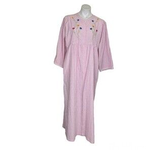 STAN HERMAN Pink White Stripe House Dress Robe Seersucker Embroidered Size Large